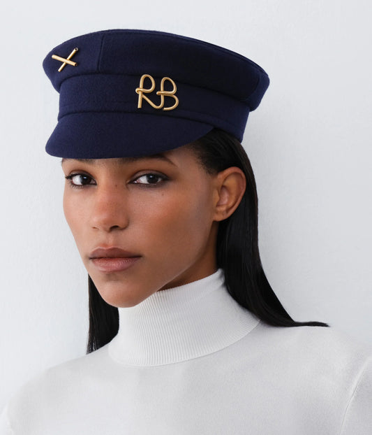 LOGO-EMBELLISHED NAVY BAKER BOY CAP
