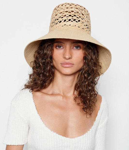 CUT OUT STRAW WIDE BRIM BUCKET HAT