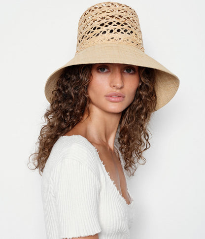 CUT OUT STRAW WIDE BRIM BUCKET HAT