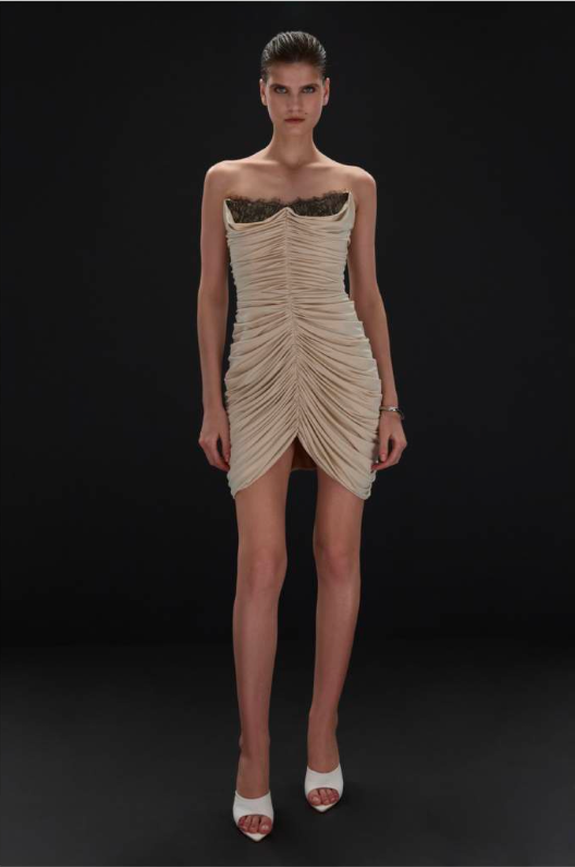 BEIGE ANGLED MINI DRESS WITH A CUT