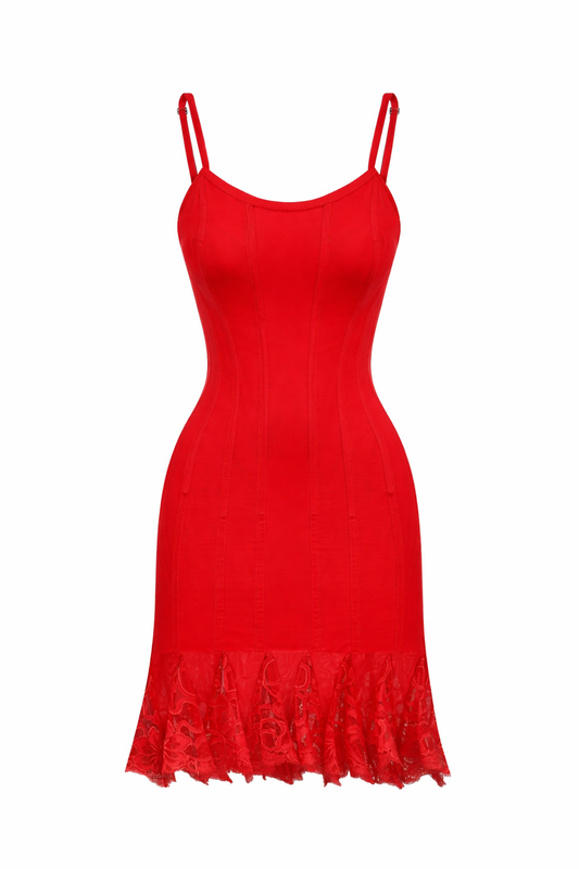 CORSET DRESS WITH LACE WEDGES RED