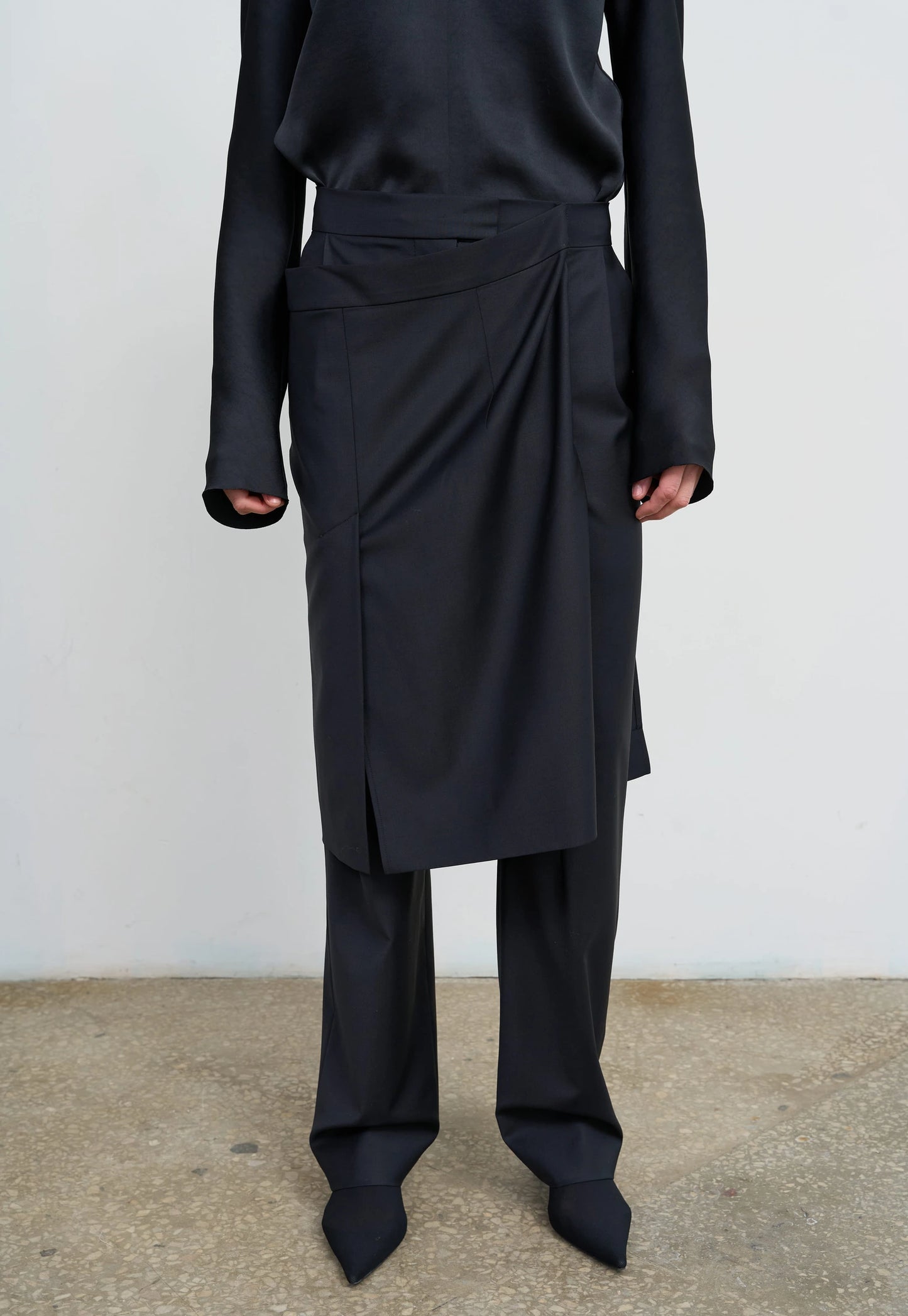 WOOL-BLEND PANTS WITH WRAP SKIRT OVERPLAY