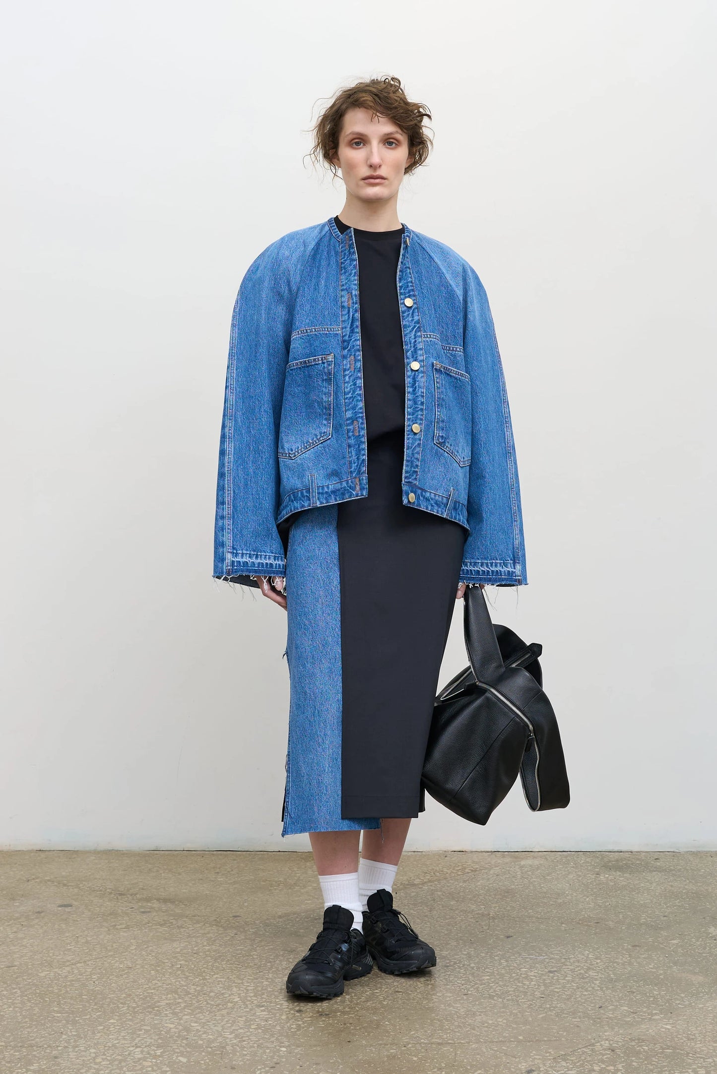 DECONSTRUCTED OFFSET-ZIP SKIRT  WITH DENIM PANEL