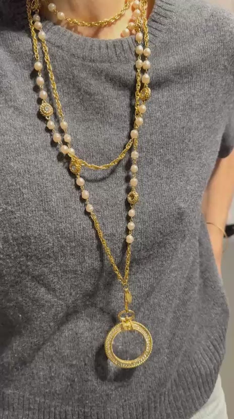 VINTAGE - CHANEL MAGNIFYING GLASS PEARL AND CRYSTALS NECKLACE