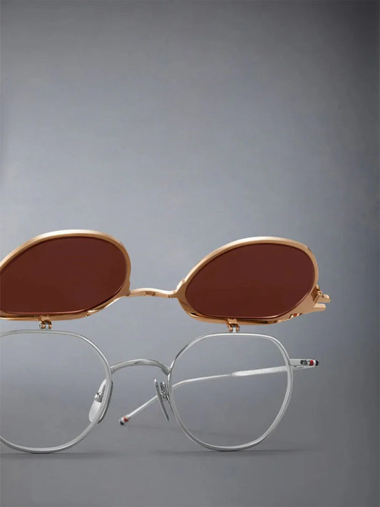 ROUND CLIP ON SUNGLASSES IN TITANIUM - GOLD